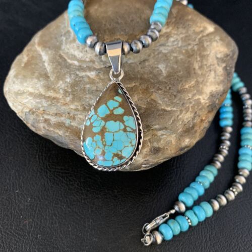 Navajo Blue Turquoise Pendant Necklace | Sterling Silver | Authentic Native American Handmade | 13827