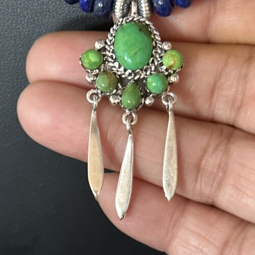 Navajo Green Turquoise Lapis Multi-Stone Necklace Pendant | Authentic Native American Sterling Silver | 14615