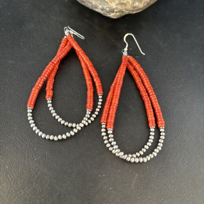 Southwestern Coral Heishi Bead Earrings | Sterling Silver | 3.5" | 14425