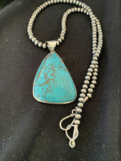 Navajo Pearls Sterling Silver Blue Spiderweb Turquoise Necklace Pendant | Men's Southwestern | 00918