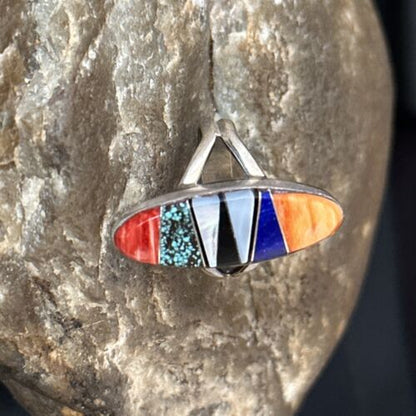 Navajo Sterling Silver Multi-Color Red Spiny Oyster Lapis Inlay Ring Sz 6 | Handmade | 14725