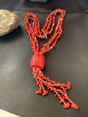 Navajo Red Pink Coral Pendant Necklace | Stainless Steel | 30" | Authentic Native American Handmade | 11711