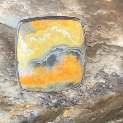 Yellow Square Bumble Bee Jasper Ring Sz 8 Adjustable | Navajo Sterling Silver | Handmade 14022