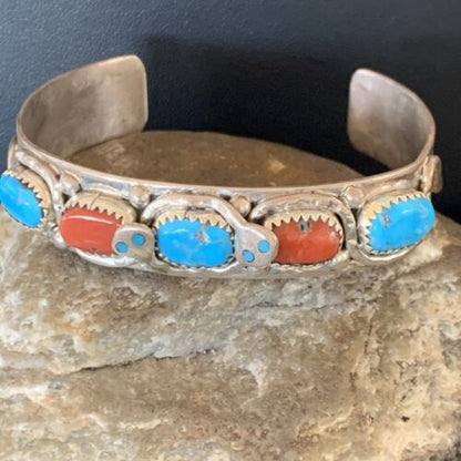 Navajo Sterling Silver Cuff Bracelet | Blue Kingman Turquoise & Coral | 5 Strand | Handmade | 12697