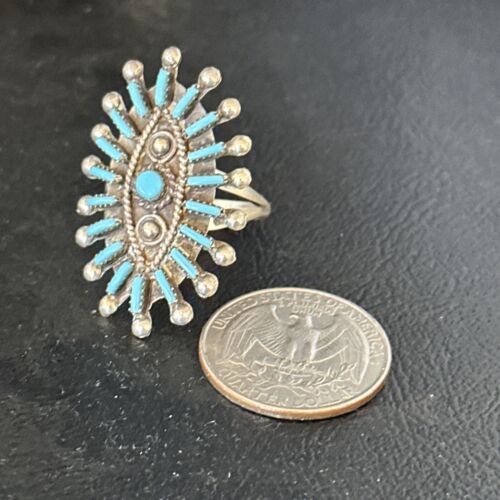 Zuni Blue Turquoise Cluster Needle Point Ring | Authentic Native American Sterling Silver | Multi-Stone | Sz 9 | 14568