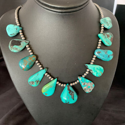 Southwestern Navajo Pearls Necklace | Sterling Silver | Blue Turquoise Teardrop | 13156
