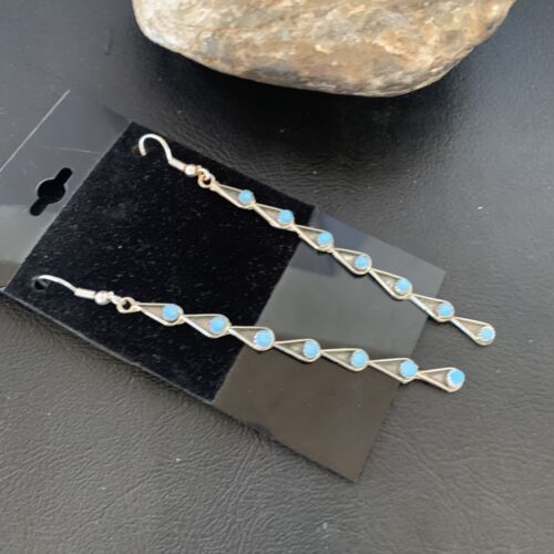 Navajo Green Turquoise Dangle Earrings | Sterling Silver | 3" Long | Authentic Native American Handmade | 12120