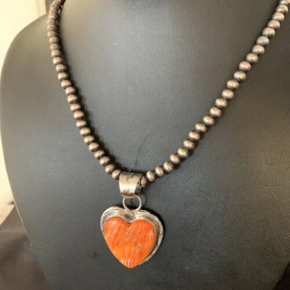 Navajo Orange Heart Spiny Oyster Pendant | Sterling Silver Necklace | Authentic Native American Handmade | 13947
