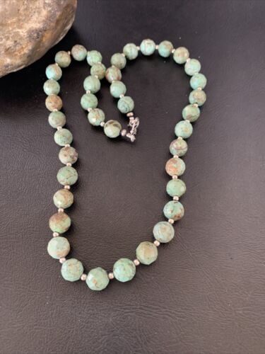 Navajo Pearls Necklace | Sterling Silver | Faceted Green Turquoise | Authentic Native American Handmade | 20" | 11737 - Masha USA