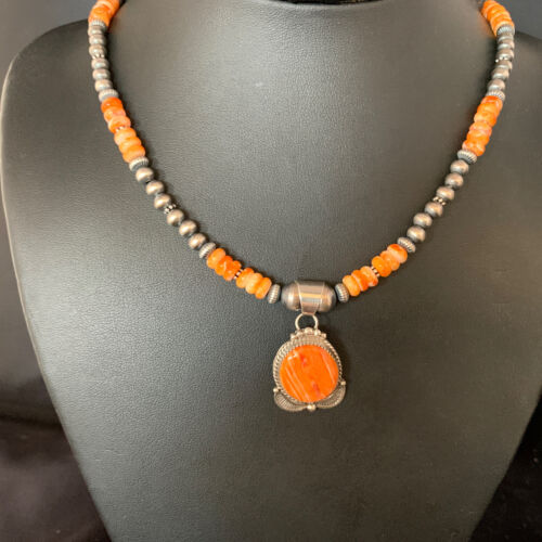 Navajo Orange Spiny Oyster Pendant Necklace | Sterling Silver | Authentic Native American Handmade | N 13650