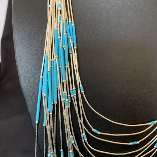 Turquoise Liquid Silver Heishi Necklace | 20 Strand Sterling Tube Pendant | Native American Handmade | 12296