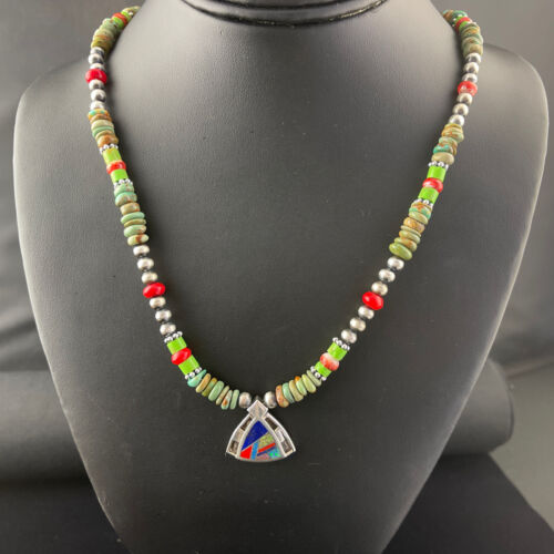 Navajo Turquoise & Spiny Oyster Inlay Pendant Necklace | Sterling Silver | Authentic Native American Handmade | 01622