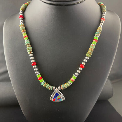 Navajo Turquoise & Spiny Oyster Inlay Pendant Necklace | Sterling Silver | Authentic Native American Handmade | 01622