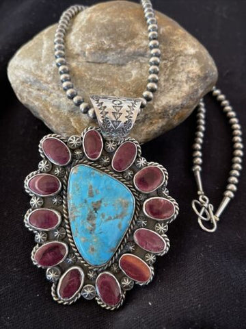 Navajo Sterling Silver Purple Spiny Oyster & Turquoise Pendant Necklace 1117