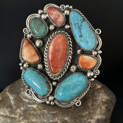 Men's Kingman Turquoise & Spiny Oyster Cluster Cuff Bracelet | Sterling Silver | Native American Handmade | 14595