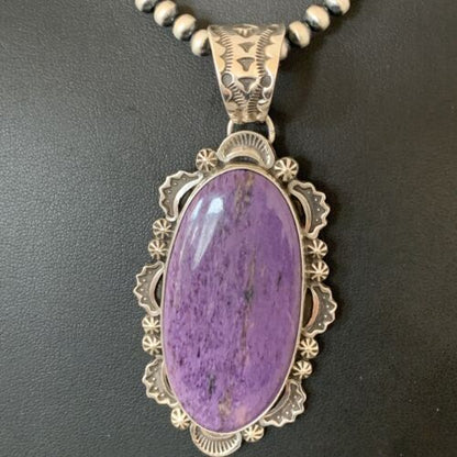 Southwestern Navajo Pearls Necklace | Sterling Silver Charoite Pendant | Authentic Native American Handmade | 01279