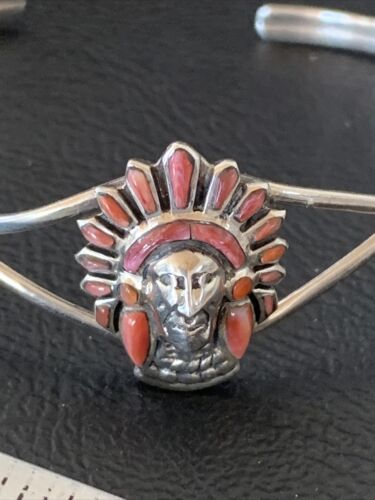 Native American Indian Head Coral Cuff Bracelet | Sterling Silver | Authentic Handmade | 1691