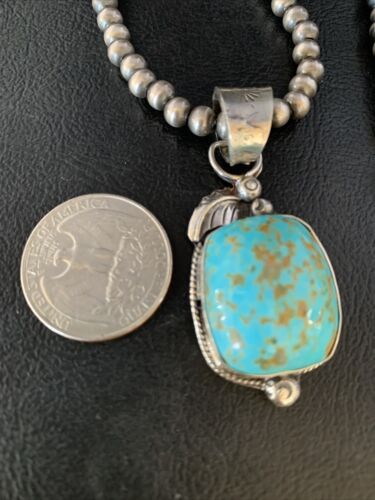 Men's Blue Turquoise #8 Necklace Pendant | Sterling Silver Navajo Pearls | Native American Handmade | 13765