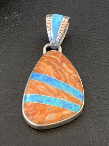 Men's Navajo Orange Spiny Oyster Blue Opal Inlay Pendant | Sterling Silver | Authentic Native American Handmade | 12485