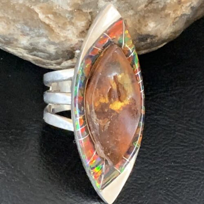 Navajo Sterling Silver Opal Inlay Ring with Amber | Sz 9 | Authentic Native American Handmade | Pomellato | 12849