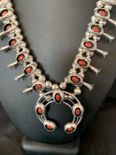 Navajo Coral Squash Blossom Necklace & Earrings Set | Sterling Silver | Authentic Native American Handmade | 13361