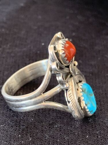 Authentic Navajo Kingman Turquoise & Coral Ring | Sterling Silver | Sz 14 | Native American Jewelry