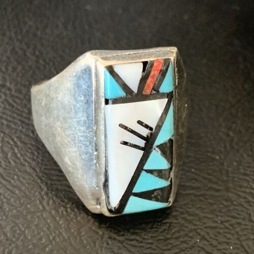 Native American Zuni Men's Spiny Blue Turquoise Inlay Ring | Sterling Silver | Sz 15 | 12424