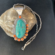Native American Men's Green Turquoise Spiny Pendant Necklace | Sterling Silver | 14000