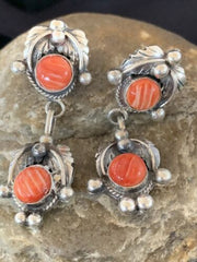 Navajo Red Spiny Oyster Dangle Earrings | Sterling Silver | Authentic Native American Handmade | 2060