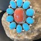 Navajo Blue Kingman Turquoise and Coral Cluster Ring | Authentic Native American Sterling Silver | Multi-Stone | Sz 7.5 | 11530
