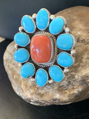 Navajo Blue Kingman Turquoise and Coral Cluster Ring | Authentic Native American Sterling Silver | Multi-Stone | Sz 7.5 | 11530