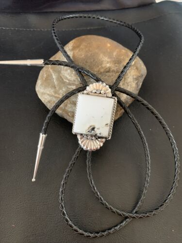 Navajo White Buffalo Turquoise Bolo Tie | Sterling Silver | Authentic Native American Handmade | 12905