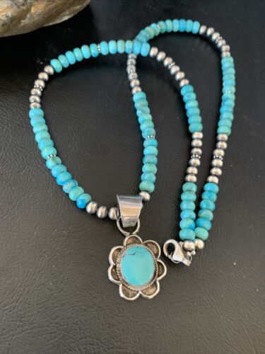 Navajo Blue Turquoise Pendant Necklace | Sterling Silver Pearls | Authentic Native American Handmade | 13218