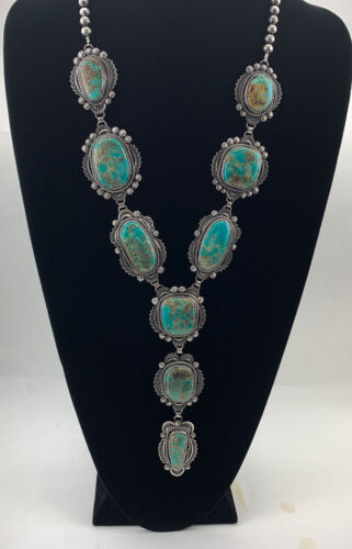 Navajo Sterling Silver Lariat Necklace with Royston Turquoise Squash Pendant | 01546
