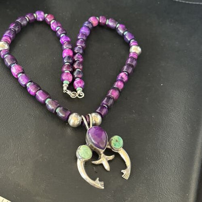 Navajo Purple Sugilite Turquoise Naja Pendant Necklace | Sterling Silver | Native American Handmade | 14735