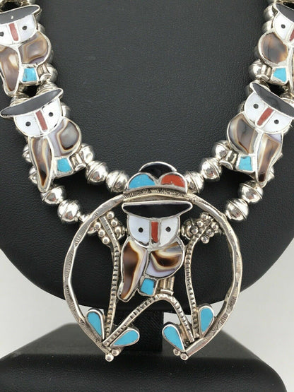 Zuni Owl Inlay Turquoise Squash Blossom Necklace Set | Sterling Silver | Native American Handmade | 1310
