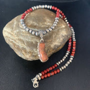Red Apple Coral & Navajo Pearls Sterling Silver Bead Necklace with Pendant | Authentic Native American | 13437