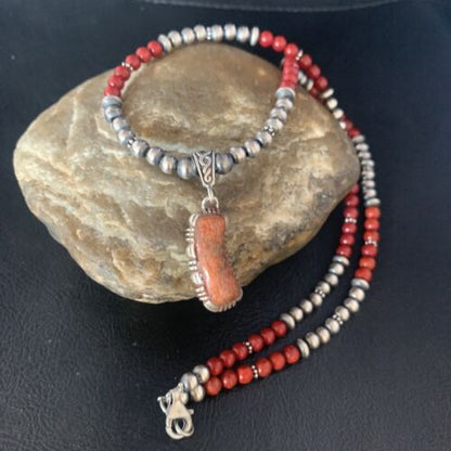 Red Apple Coral & Navajo Pearls Sterling Silver Bead Necklace with Pendant | Authentic Native American | 13437