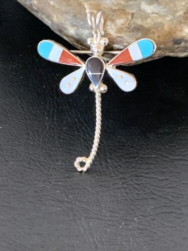 Zuni Turquoise Mother of Pearl Inlay Dragonfly Necklace Pin Pendant | Sterling Silver | 12317