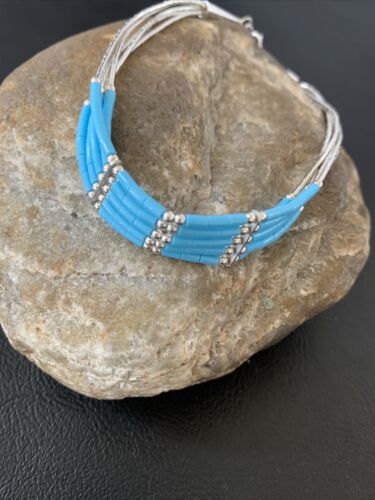 Native Blue Turquoise Heishi Sterling Silver Bracelet 8” 5 Strand 2177