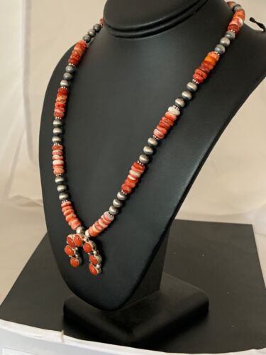 Navajo Spiny Oyster & Coral Naja Pendant | Authentic Native American Sterling Silver | Naja | 4682
