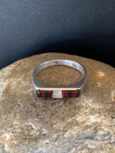 Native American Navajo Black Onyx Opal Coral Inlay Ring | Sz 6 | Authentic Handmade | 11146