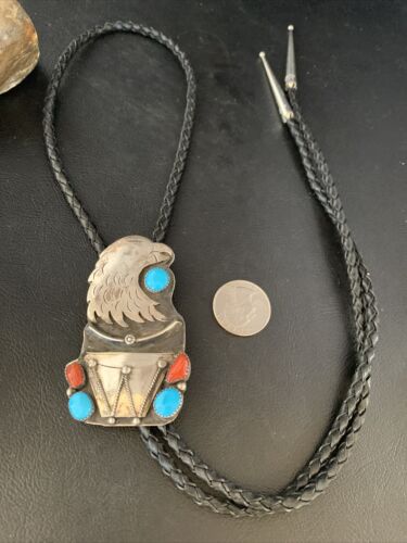 Navajo Eagle Head Bolo Tie | Men's Blue Kingman Turquoise Coral | Sterling Silver | 13670 - Masha USA