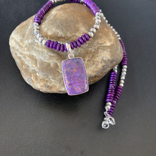 USA Navajo Pearls Purple Sugilite Mohave Turquoise Sterling Necklace 13303