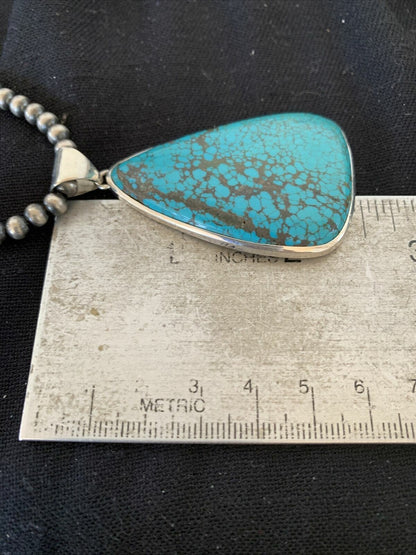 Navajo Pearls Sterling Silver Blue Spiderweb Turquoise Necklace Pendant | Men's Southwestern | 00918