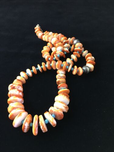 Navajo Orange Spiny Oyster & Turquoise Graduated Necklace | Sterling Silver | Authentic Native American | 30" | 1771