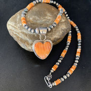 Navajo Orange Heart Spiny Oyster Pendant | Sterling Silver Necklace | Authentic Native American Handmade | 13946