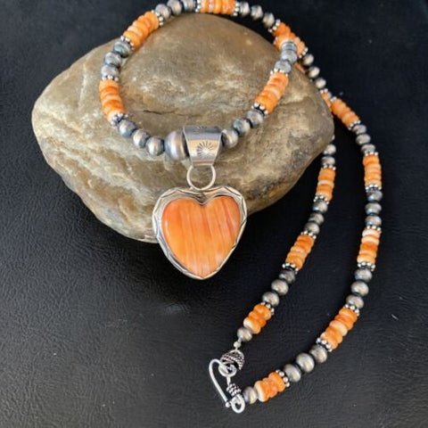 USA Orange Heart Navajo Sterling Silver Spiny Oyster Necklace Pendant 13946