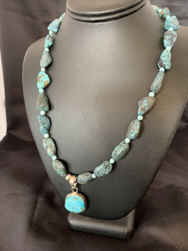 Men's Navajo Kingman Turquoise Pendant Necklace | Sterling Silver | 20" | Authentic Native American Handmade | 10224