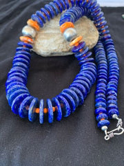 Authentic Native American Navajo Sterling Silver Beads Necklace Set | Lapis & Spiny Oyster| 30" | 11856